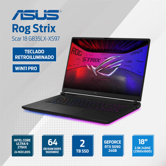 ASUS Rog Strix Scar 18 G835LX-XS97 - Intel Core Ultra 9 275HX 24 Núcleos - 64GB Ram DDR5 5600MHz - 2TB SSD - 18" 2.5K 240Hz (2560x1600) - Nvidia Geforce RTX 5090 24GB