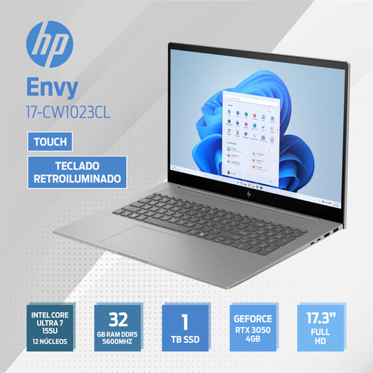 HP Envy 17-CW1023CL - Intel Core Ultra 7 155U 12 Núcleos - 32GB Ram DDR5 5600MHz - 1TB SSD - 17.3" Full HD - Nvidia GeForce RTX 3050 4GB - Touch
