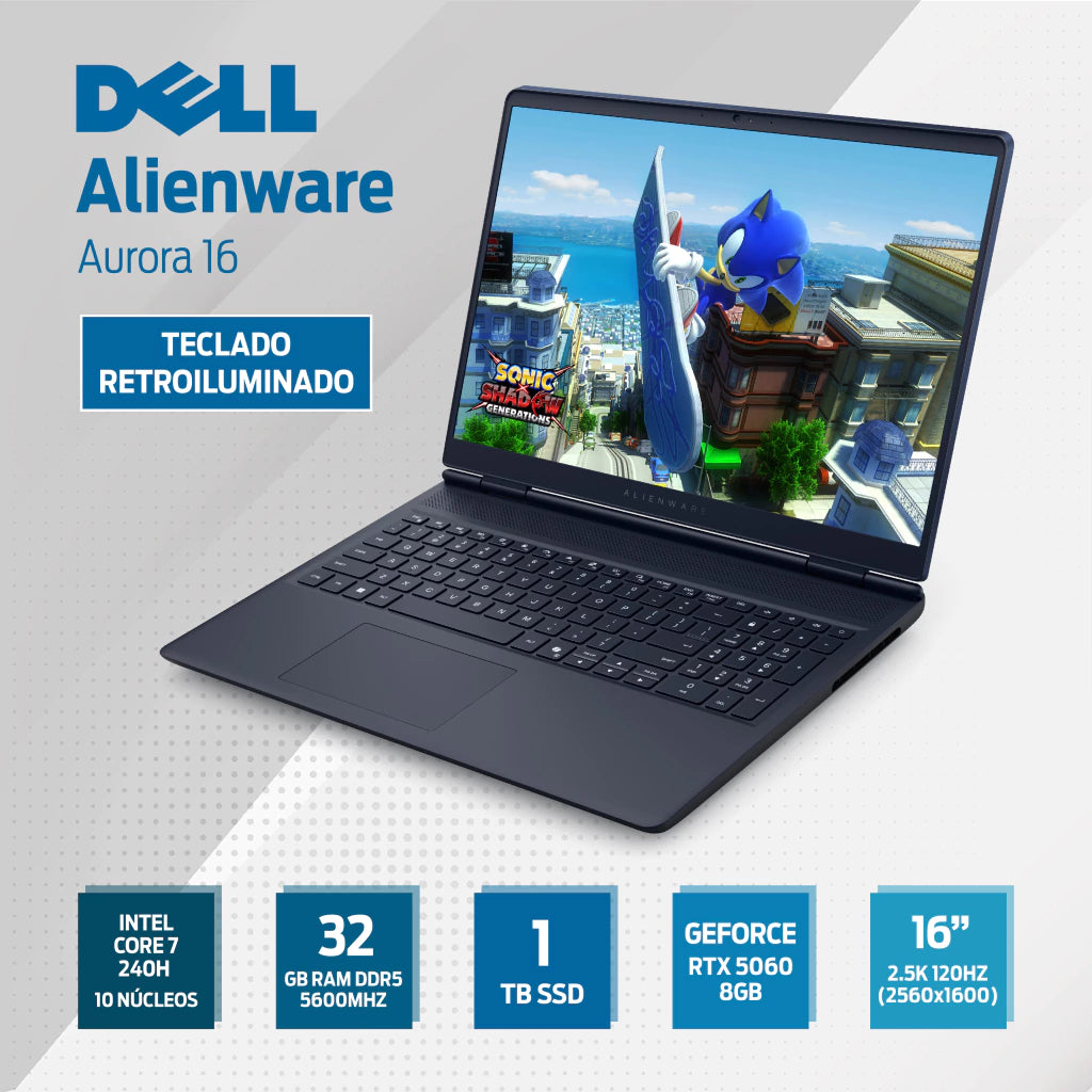 Dell Alienware Aurora 16 - Intel Core 7 240H 10 Núcleos - 32GB Ram DDR5 5600MHz - 1TB SSD - 16" 2.5K 120Hz (2560x1600) - Nvidia GeForce RTX 5060 8GB